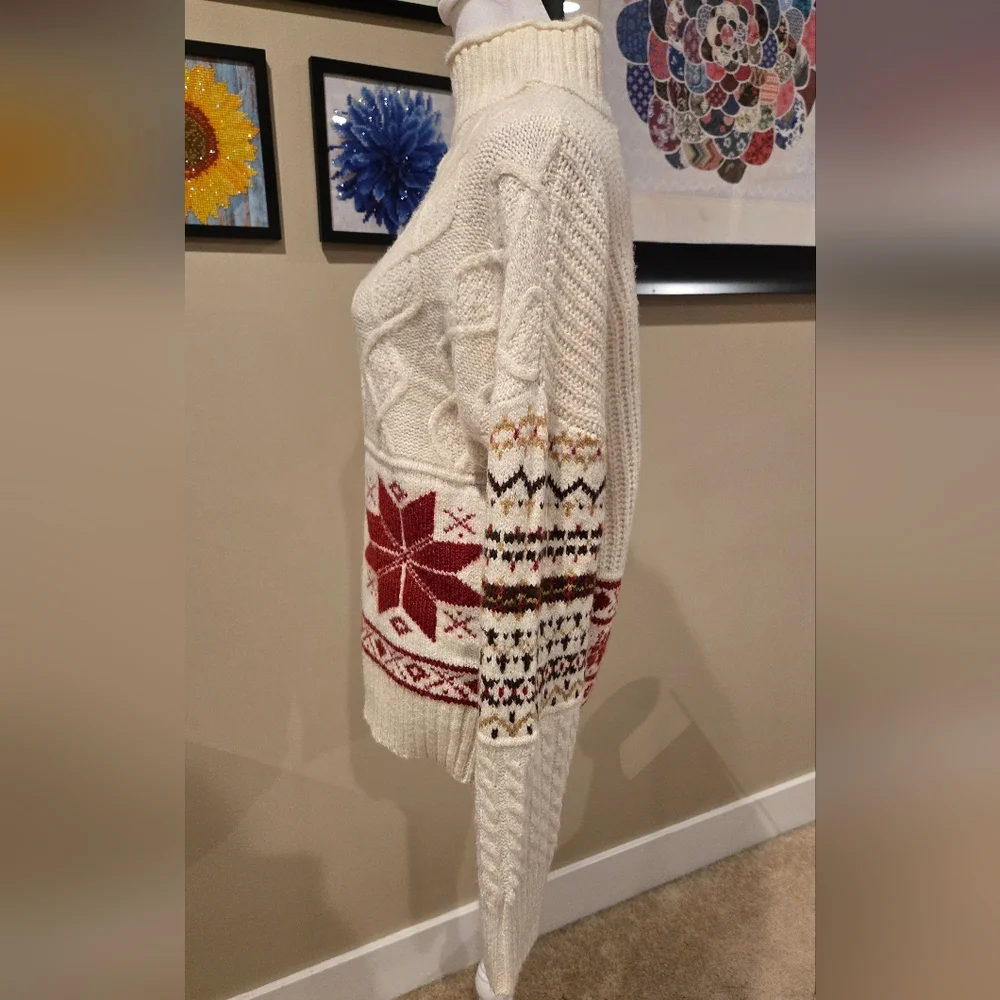 American Eagle Outfitters Cream Fair Isle Colorblock Turtleneck Sweater - Picture 4 of 9